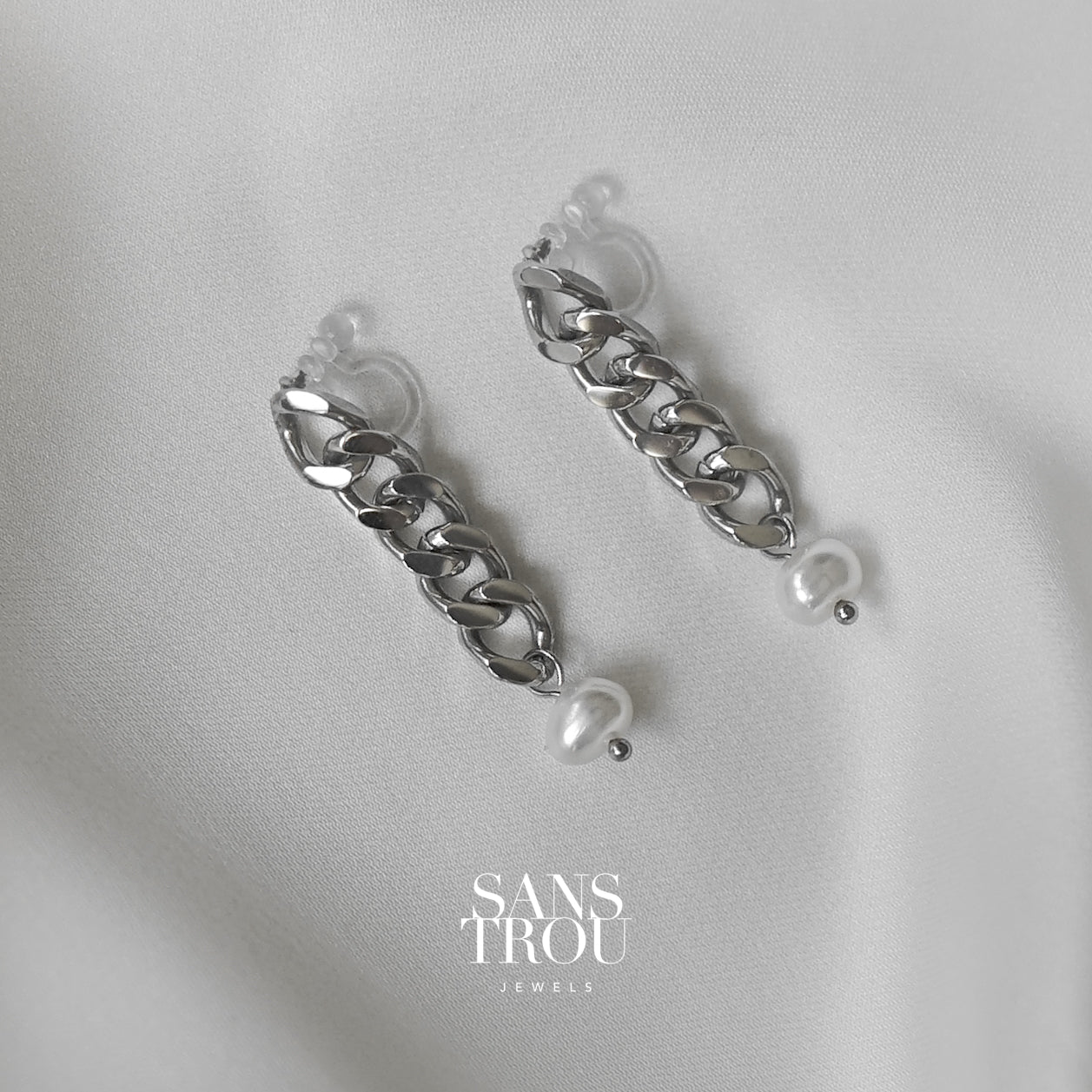 Perle ClipOn Chain Earrings Silver SANS TROU