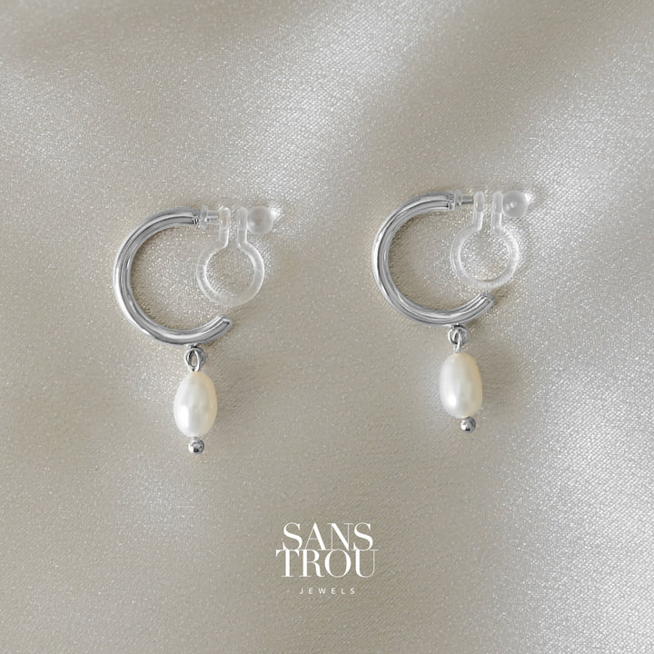 Lyna Petite Pearl Clip-On Hoop Earrings - Silver