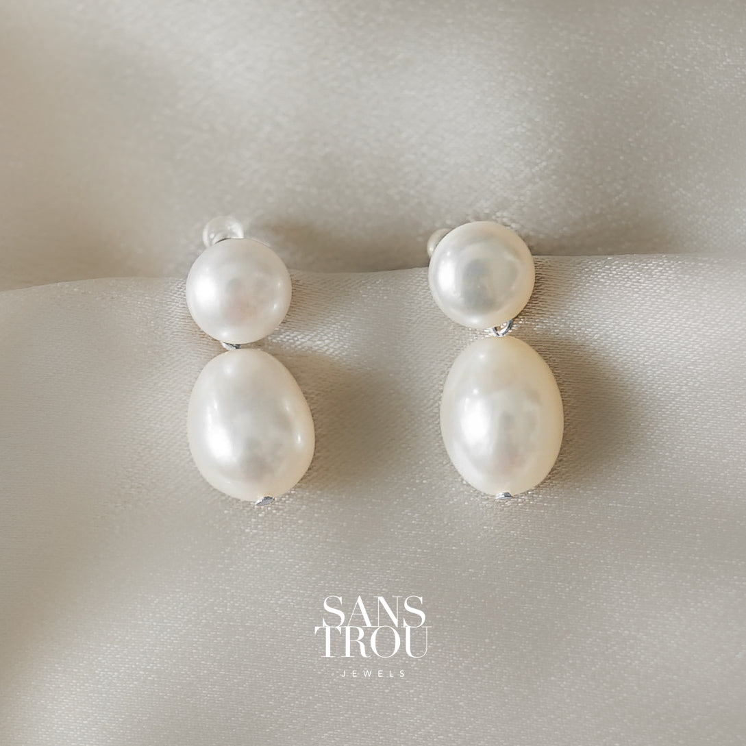 Viola Double Pearl Clip-On Earrings - Silver