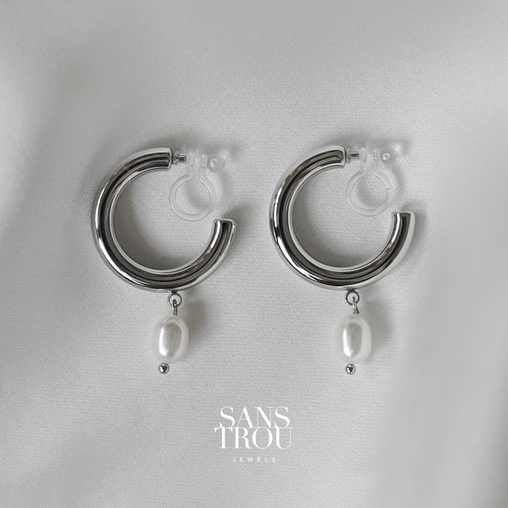 Agnes Pearl Clip-On Hoop Earrings - Silver