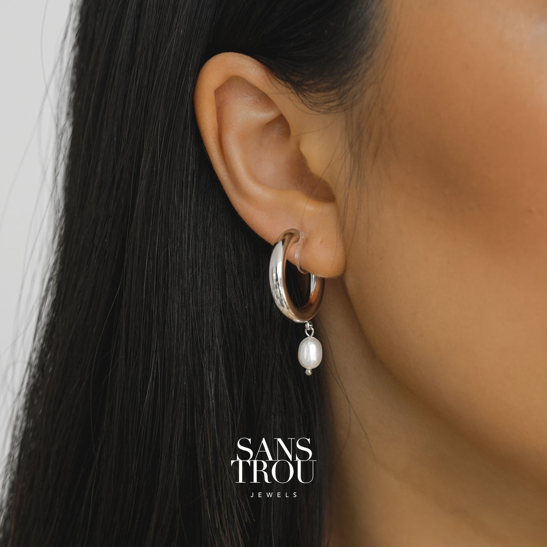 Agnes Pearl Clip-On Hoop Earrings - Silver