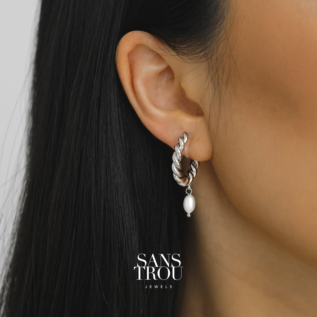 Coralie Pearl Clip-On Hoop Earrings - Silver