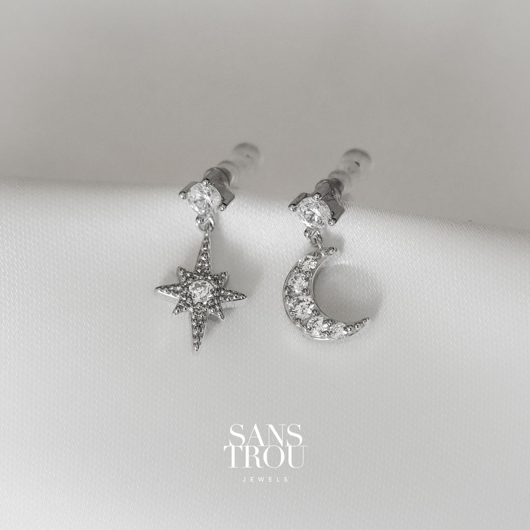 dainty sterling silver star and moon clip-on earrings with cz stones