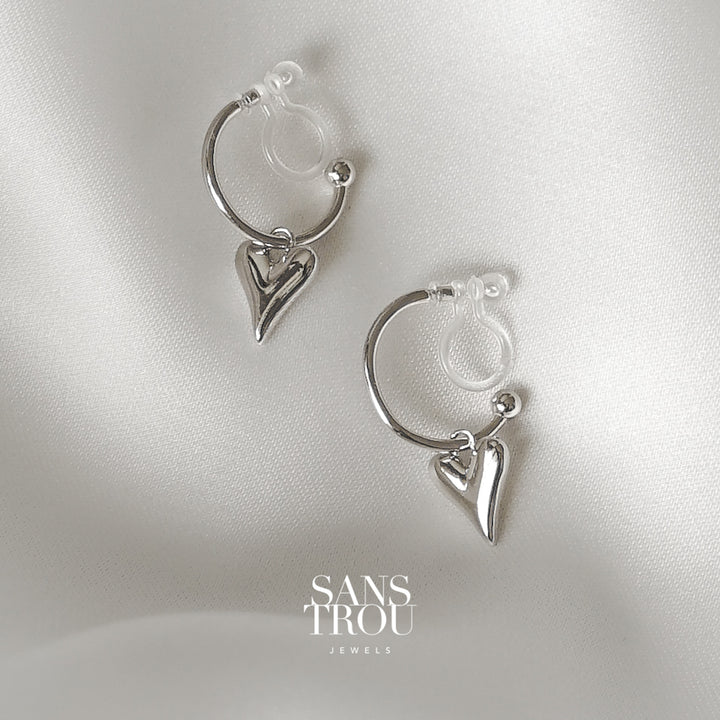 Hana Heart Clip-On Hoop Earrings - Silver