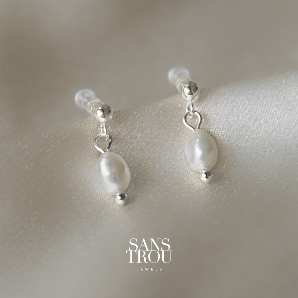 Clip-On Cream/White Pearl Drop & Crystal Stud Earrings | Silver Rhines Tone, U-Clip Backing