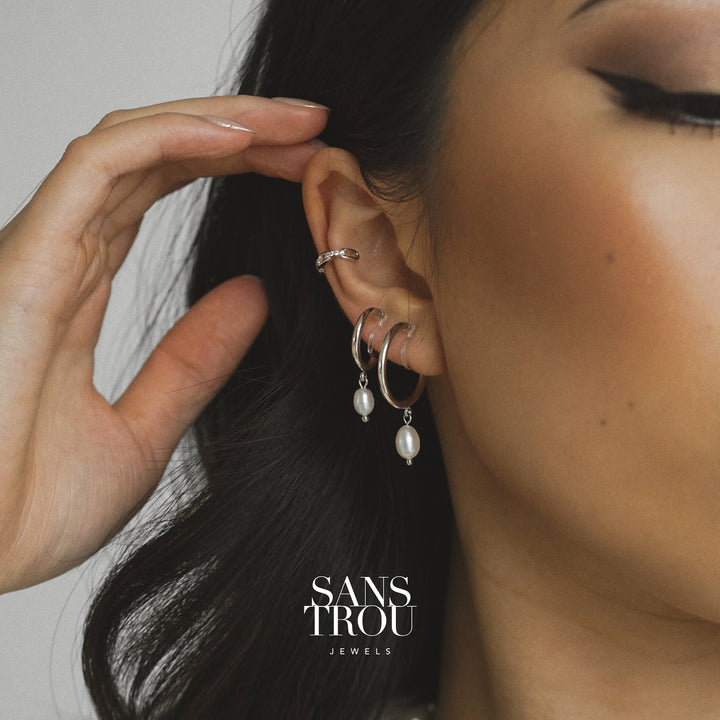 Lyna Pearl Clip-On Hoop Earrings - Silver