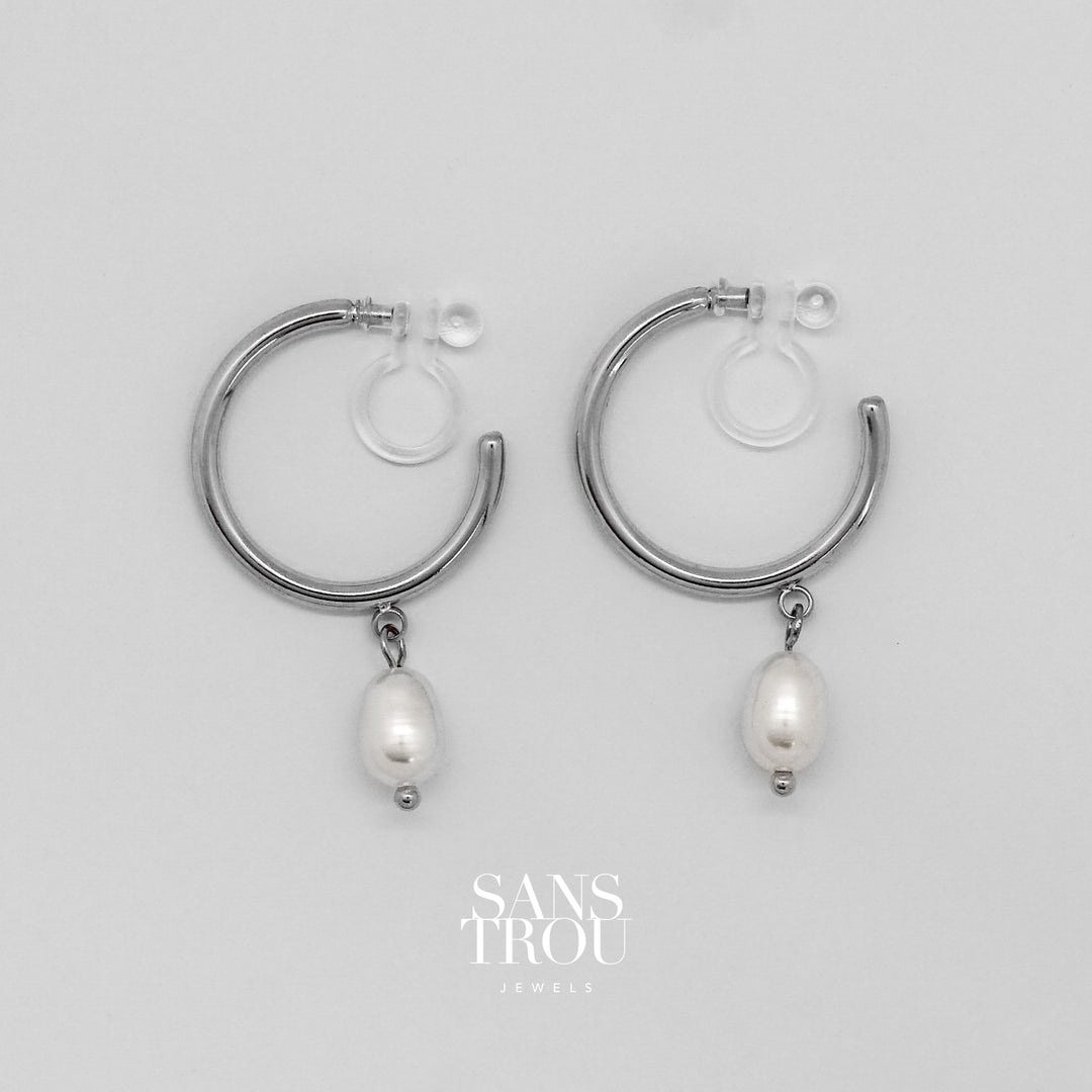 Lyna Pearl Clip-On Hoop Earrings - Silver