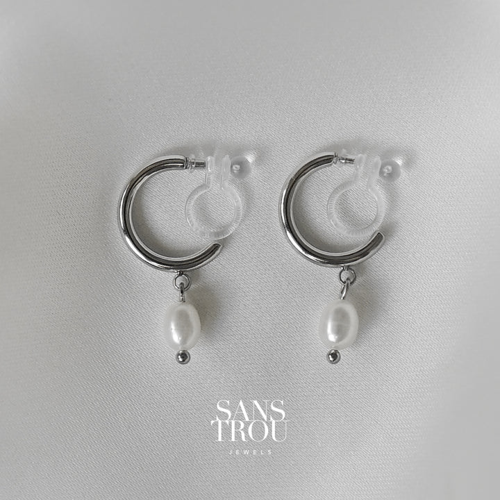 Lyna Petite Pearl Clip-On Hoop Earrings - Silver