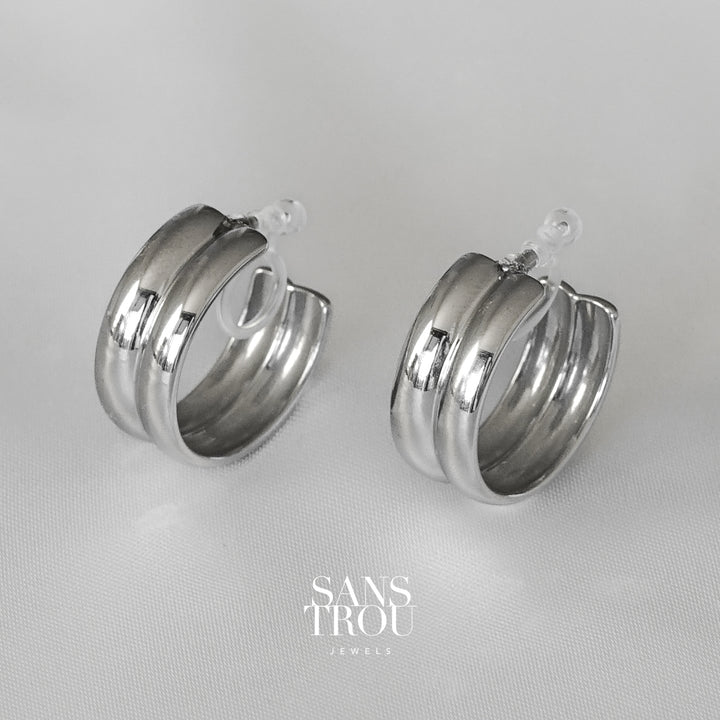Sans Trou stainless steel silver clip-on earring with a chunky hoop style.